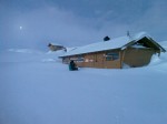 Storsteinen cabin in the early morning moonlight