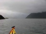 Day 166.4 Paddling down the east side of Nordre Bergsfjord in the evening with the island of Silda on the right